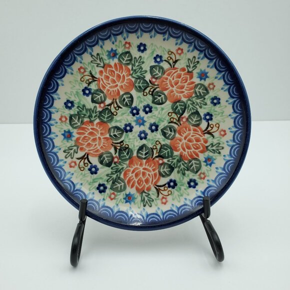 Polish Pottery Floral Unikat Bread Plate Red Flowers Dessert Appetizer Plate - Picture 7 of 7